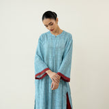 Highlighted Lace Neck Detail Slub Cotton Kurta - Dusty Blue