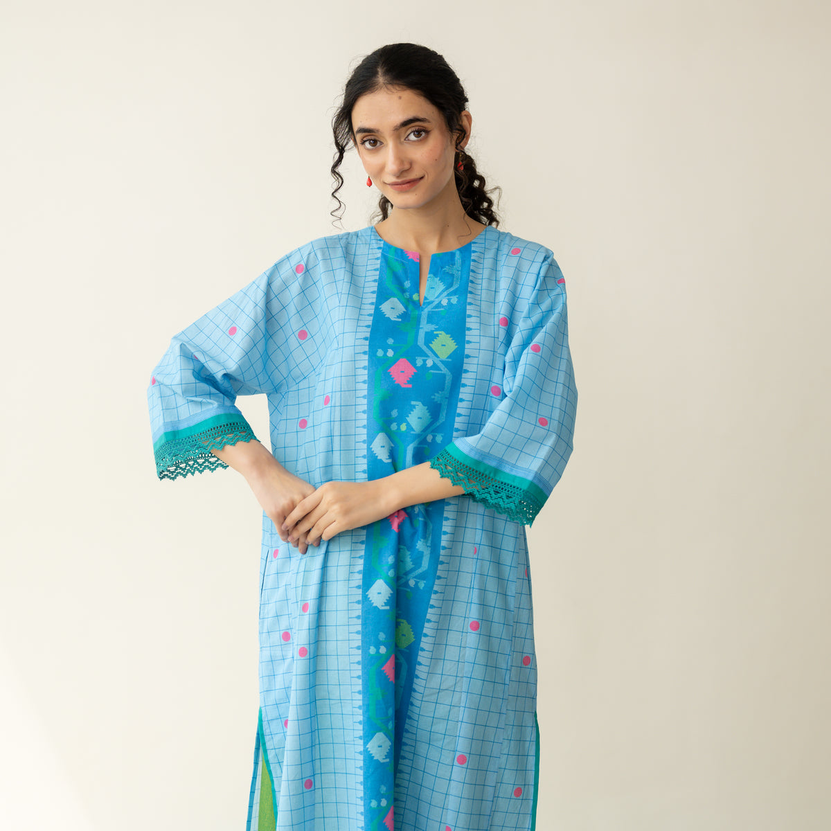 Sitara Front Panelled Mulmul Kurta - Asmani Blue