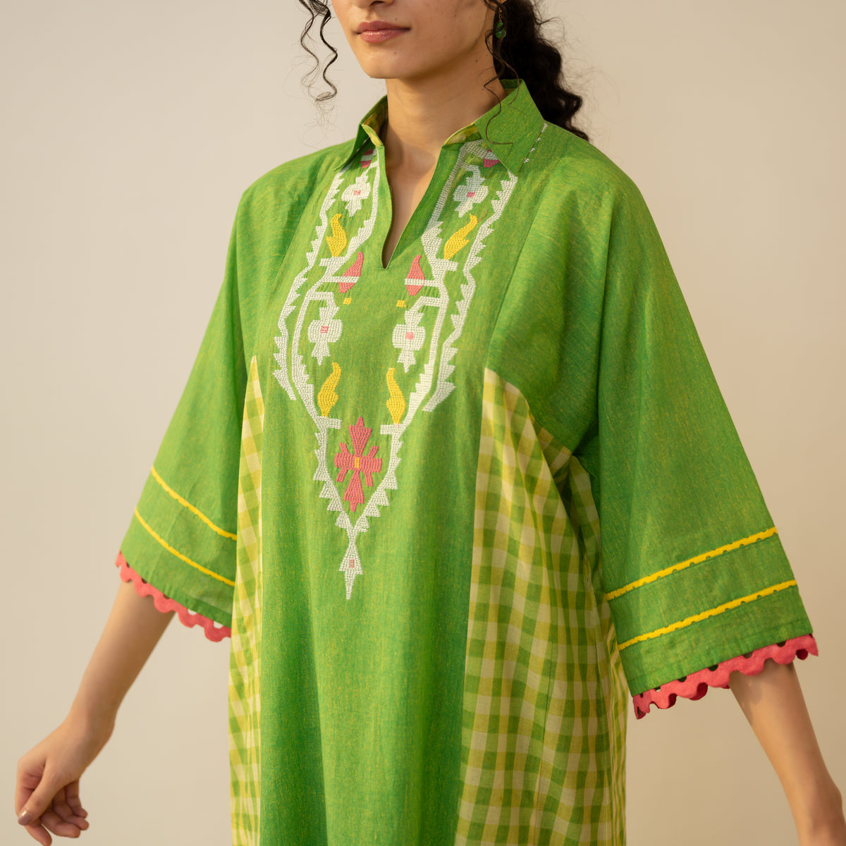 Aabha Embroidered Cotton Slub Kurta - Lime Sorbet