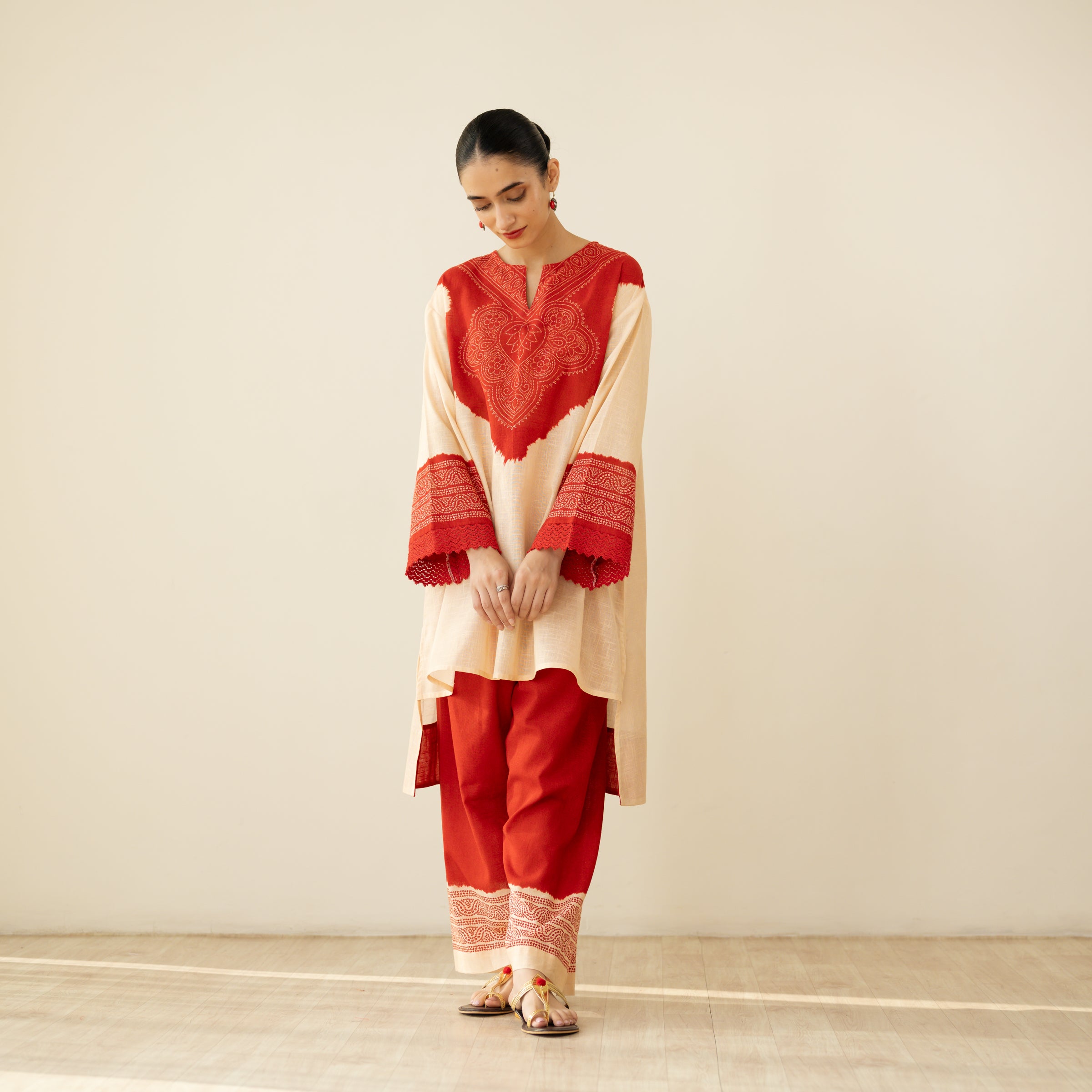 Nakhra Elevated Cotton Slub Coord Set - Beige & Red