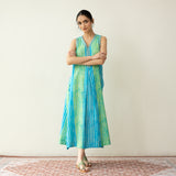 Viva Embroidered Midi Cotton Slub Dress - Ocean Blue & Parrot Green