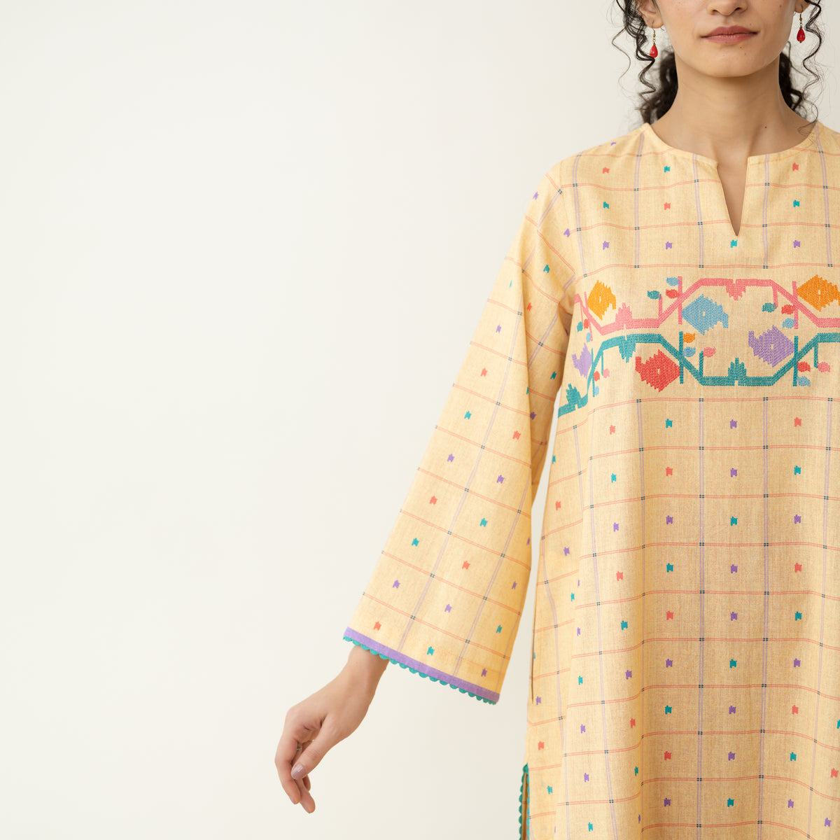 Doodle Embroidered Cotton Kurta - Mango Yellow
