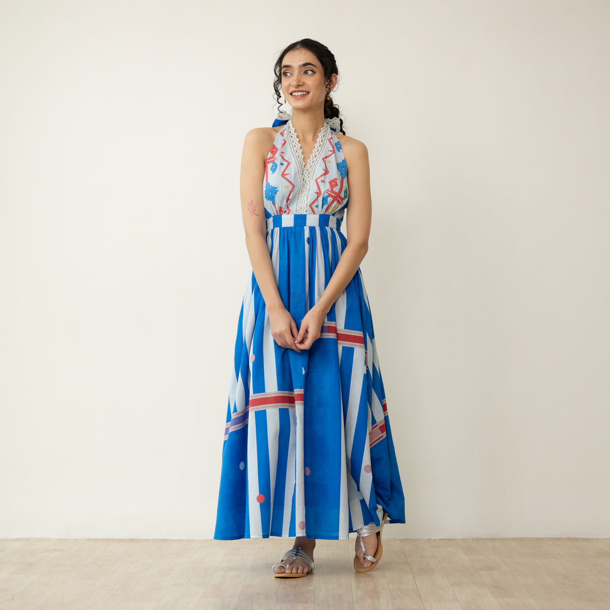 Blueberry Tart Halter Tie Mulmul Lace Dress - Blue