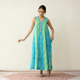 Viva Embroidered Midi Cotton Slub Dress - Ocean Blue & Parrot Green