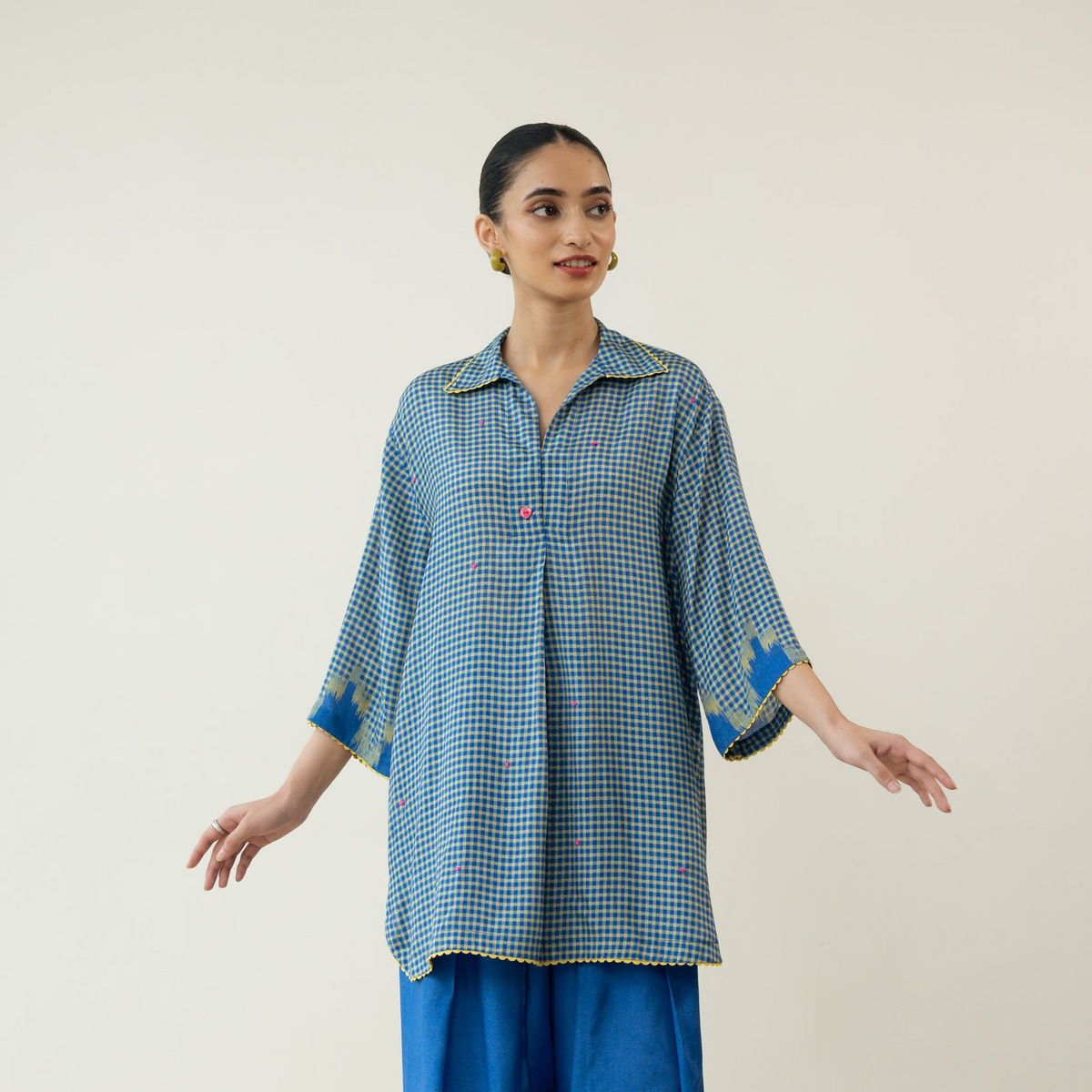 Bon Bon Hand Embroidered Elevated Shantoon Tunic - Electric Blue & Lime