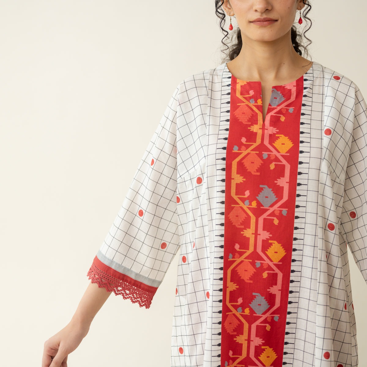 Sitara Front Panelled Mulmul Kurta - Creme White
