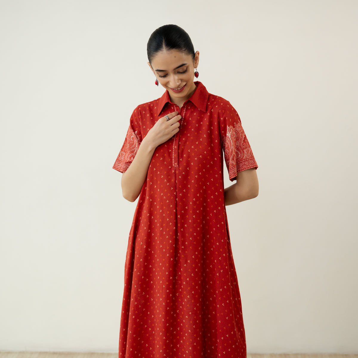 Nazo Midi Cotton Slub Dress - Tomato Red
