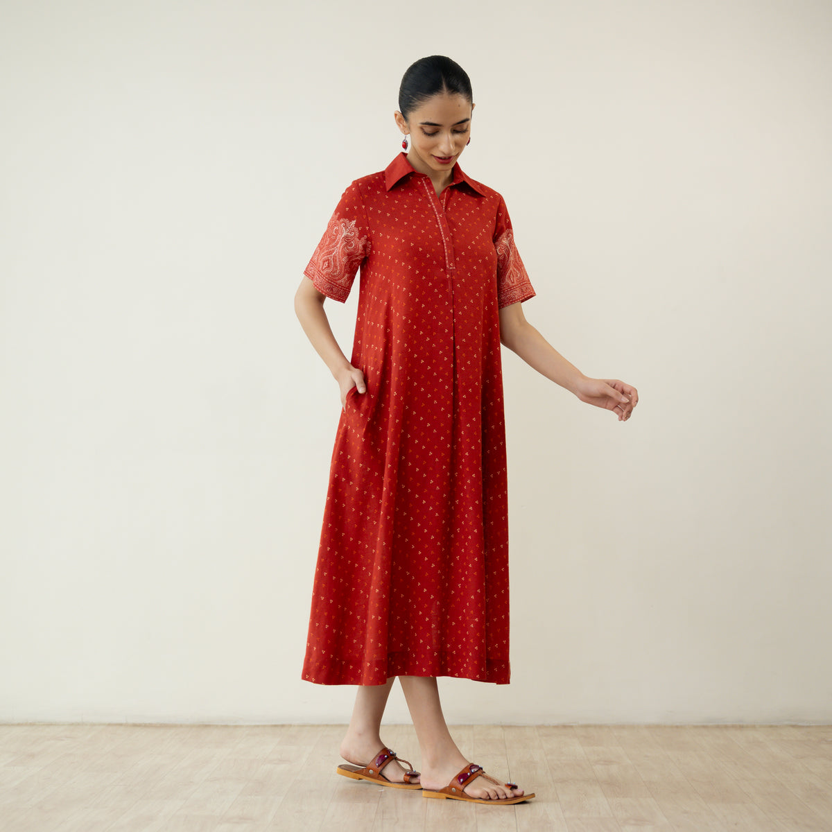 Nazo Midi Cotton Slub Dress - Tomato Red