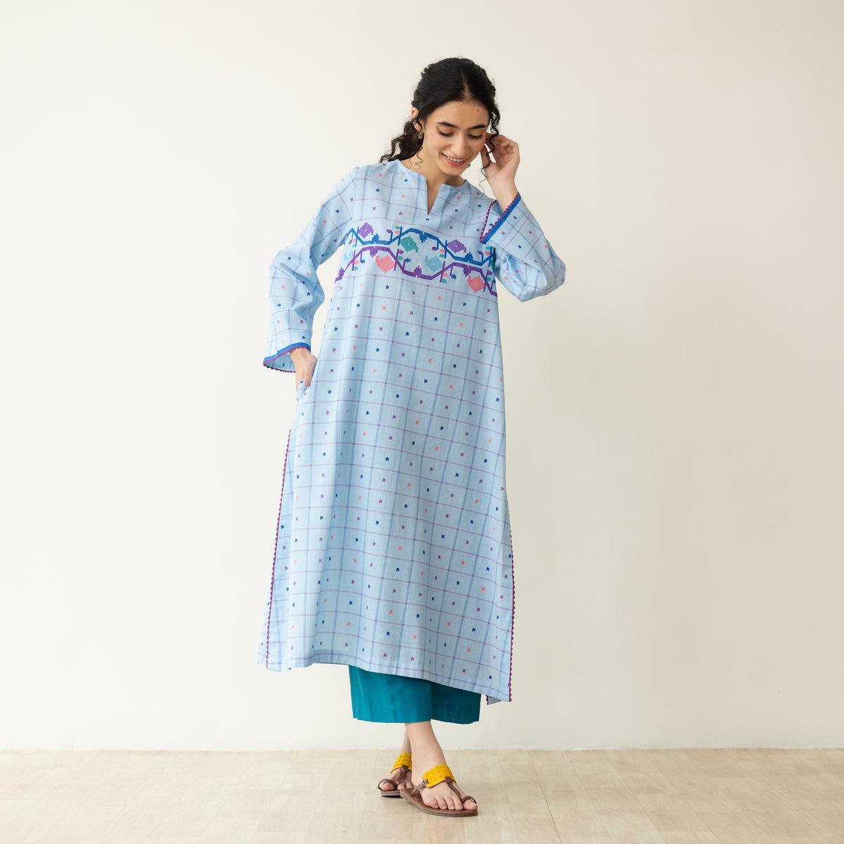 Doodle Embroidered Cotton Kurta - Asmani Blue