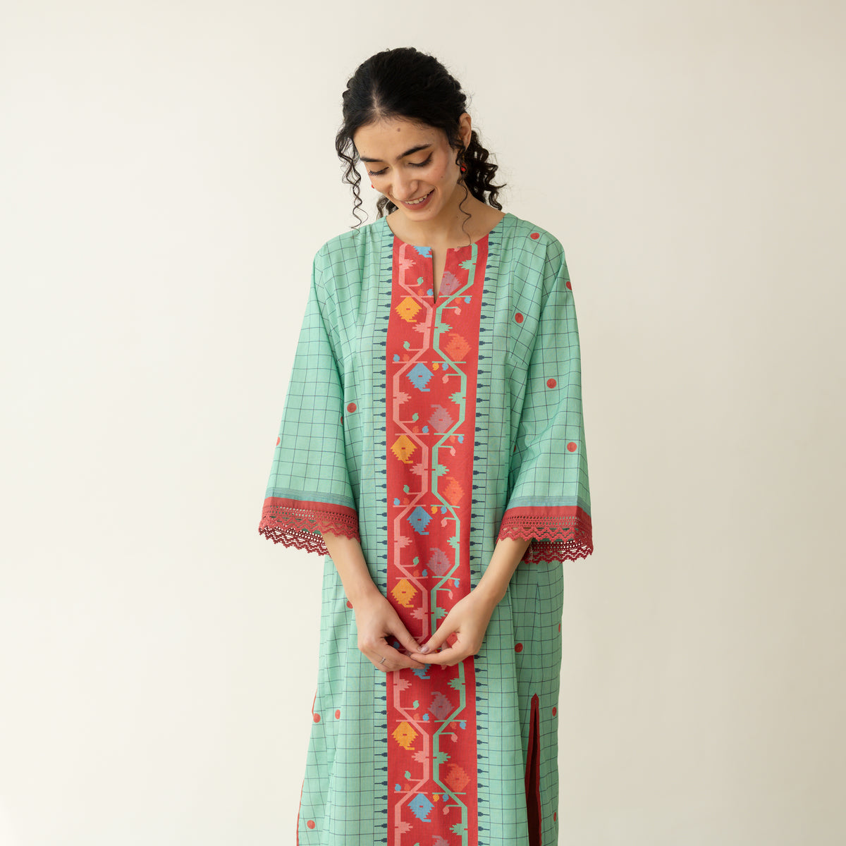 Sitara Front Panelled Mulmul Kurta - Mint Green