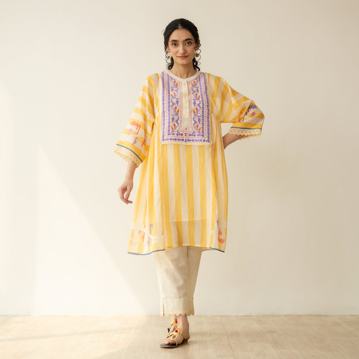Pretty Flare Chanderi Embroidered Coord Set - Sunshine Yellow