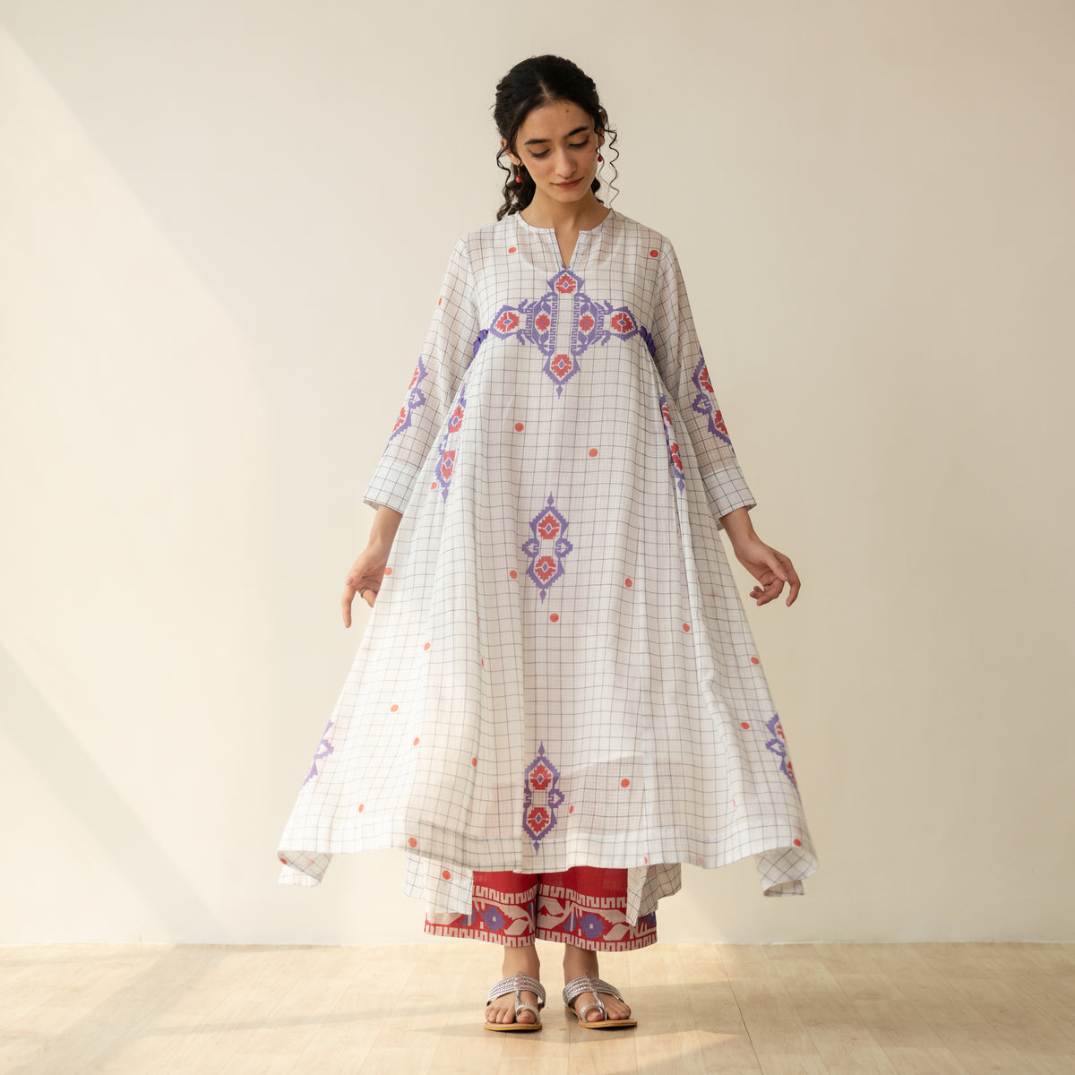 Mogra Kota Doria Kurta Set - Milky White & Tomato Red