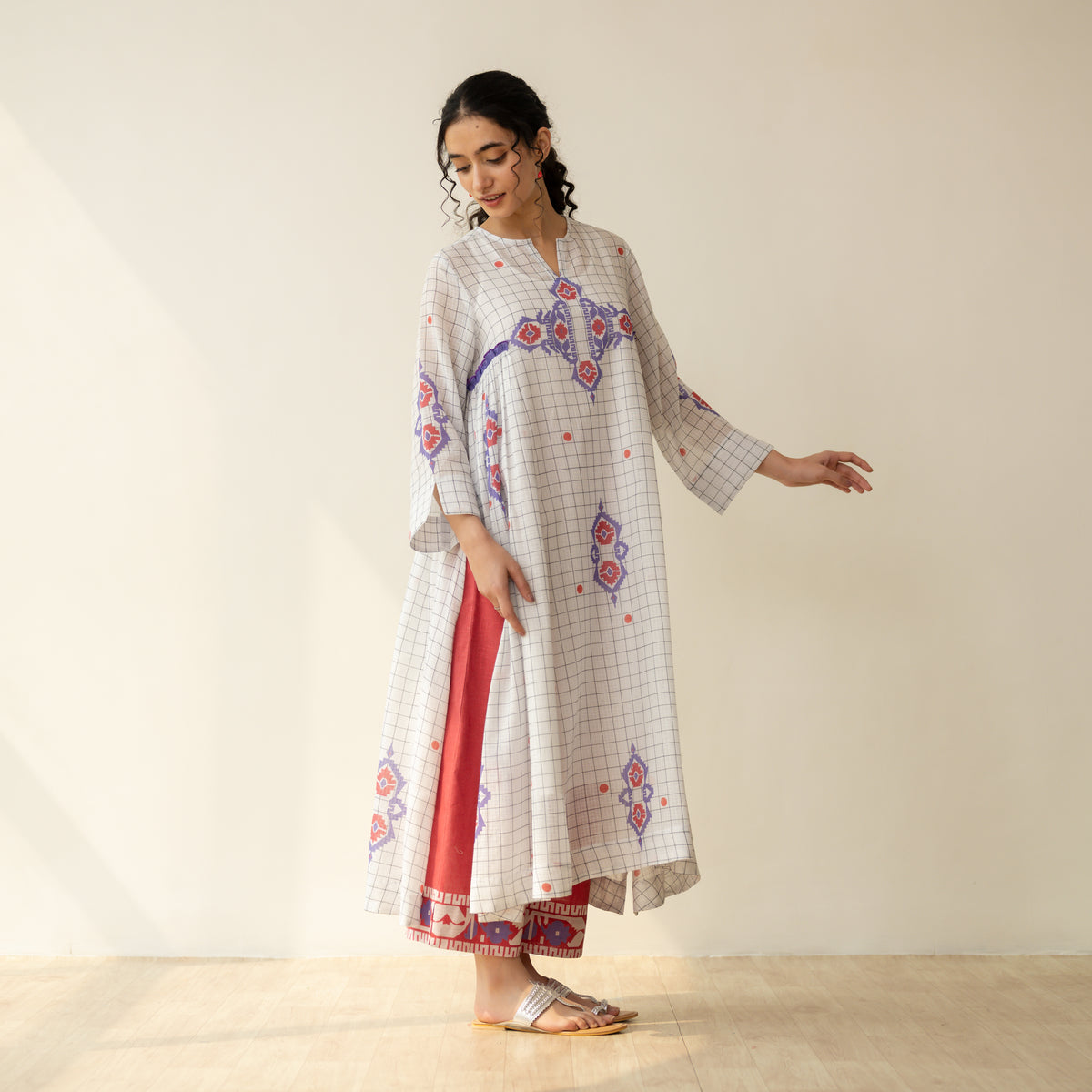 Mogra Kota Doria Kurta Set - Milky White & Tomato Red