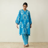 Peppy Paisley Asymmetric Cotton Slub Salwar Set - Ocean Blue