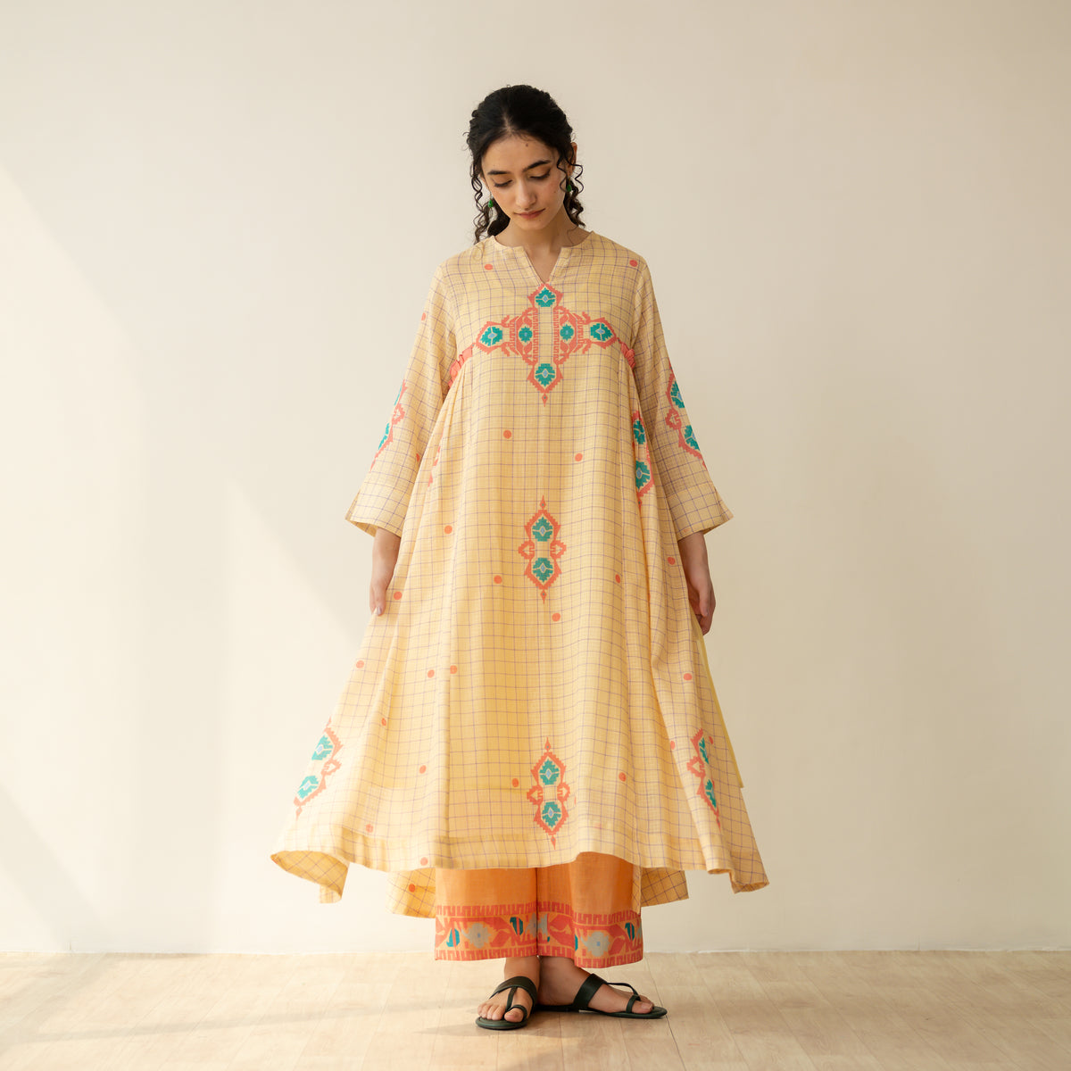 Mogra Kota Doria Kurta Set - Apricot Yellow