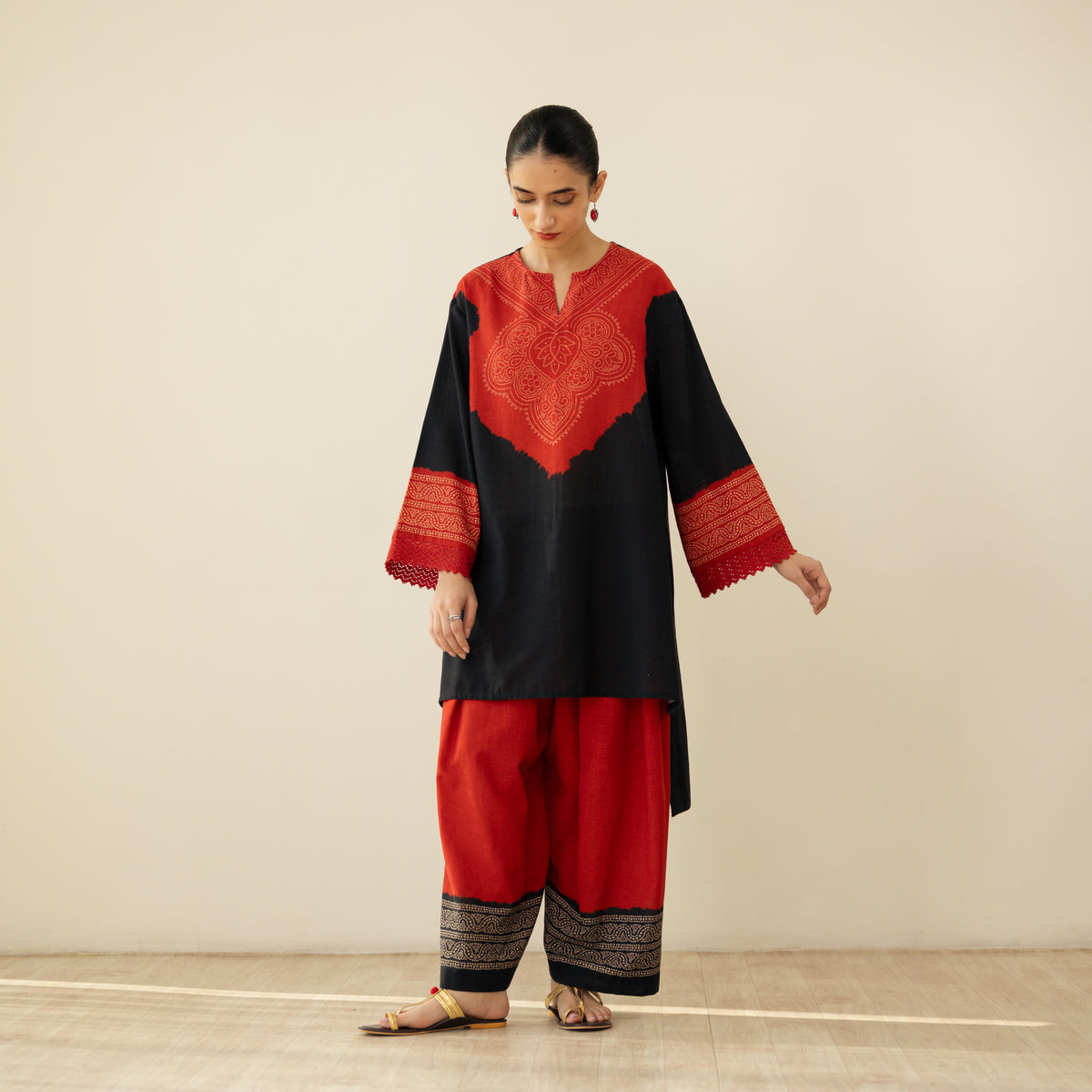 Nakhra Elevated Cotton Slub Coord Set - Red & Black