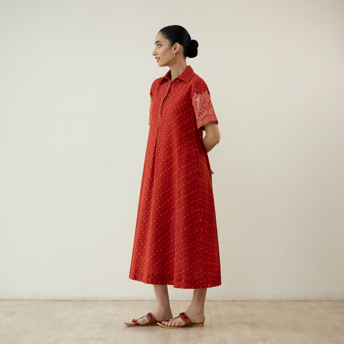 Nazo Midi Cotton Slub Dress - Tomato Red