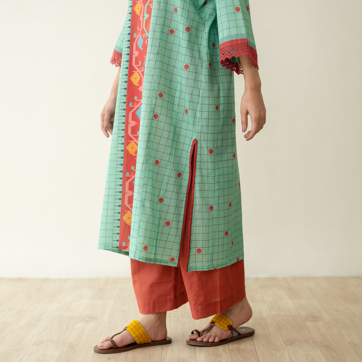 Sitara Front Panelled Mulmul Kurta - Mint Green
