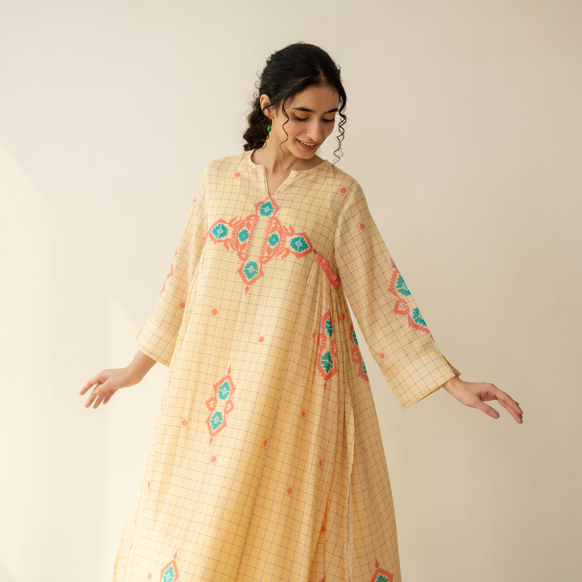 Mogra Kota Doria Kurta Set - Apricot Yellow