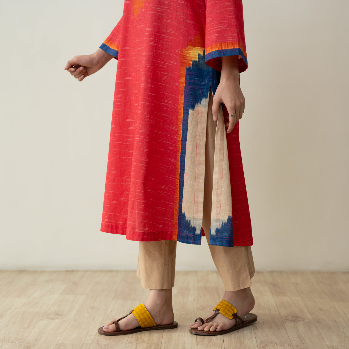 Prism Statement Cotton Slub Kurta - Tomato Red