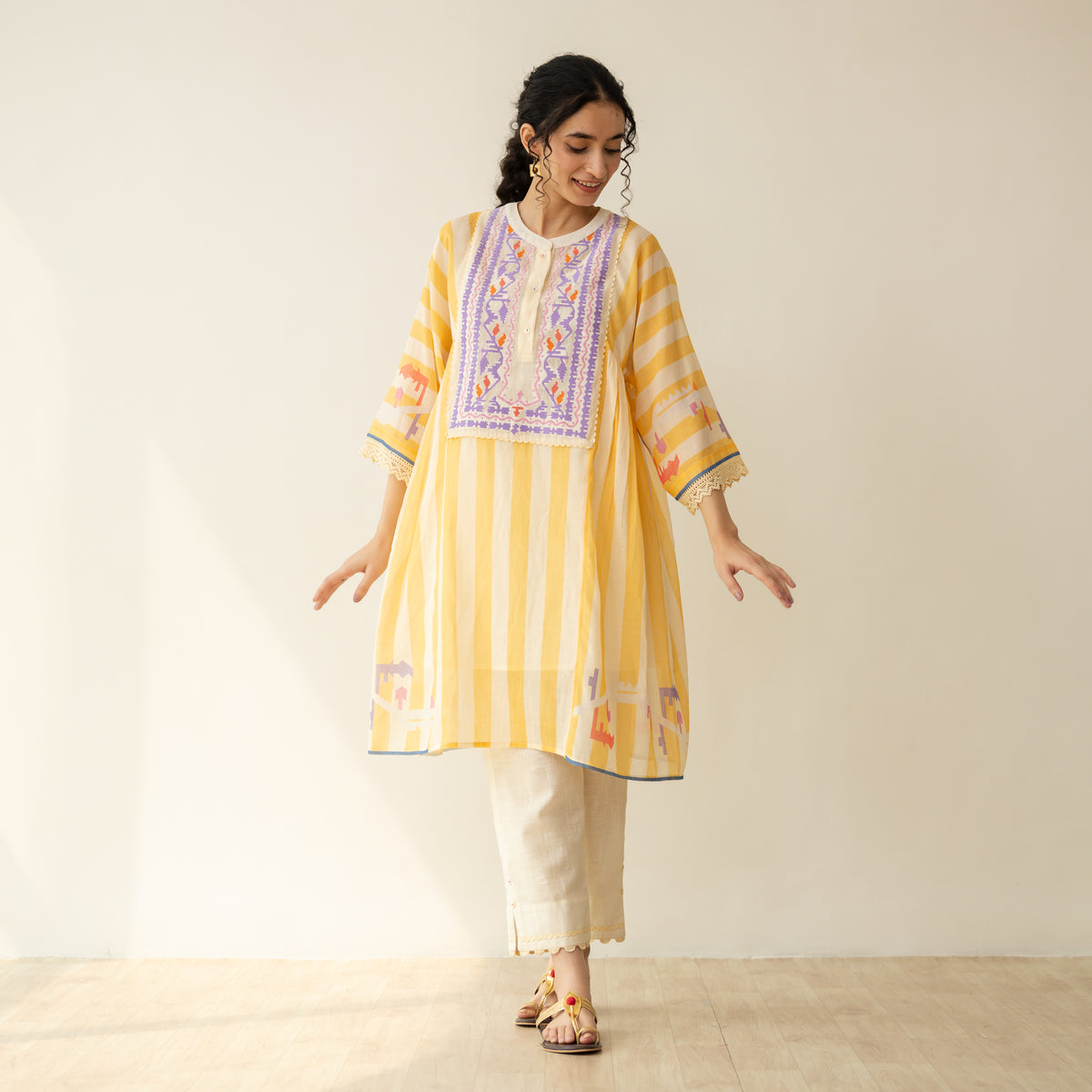 Pretty Flare Chanderi Embroidered Coord Set - Sunshine Yellow