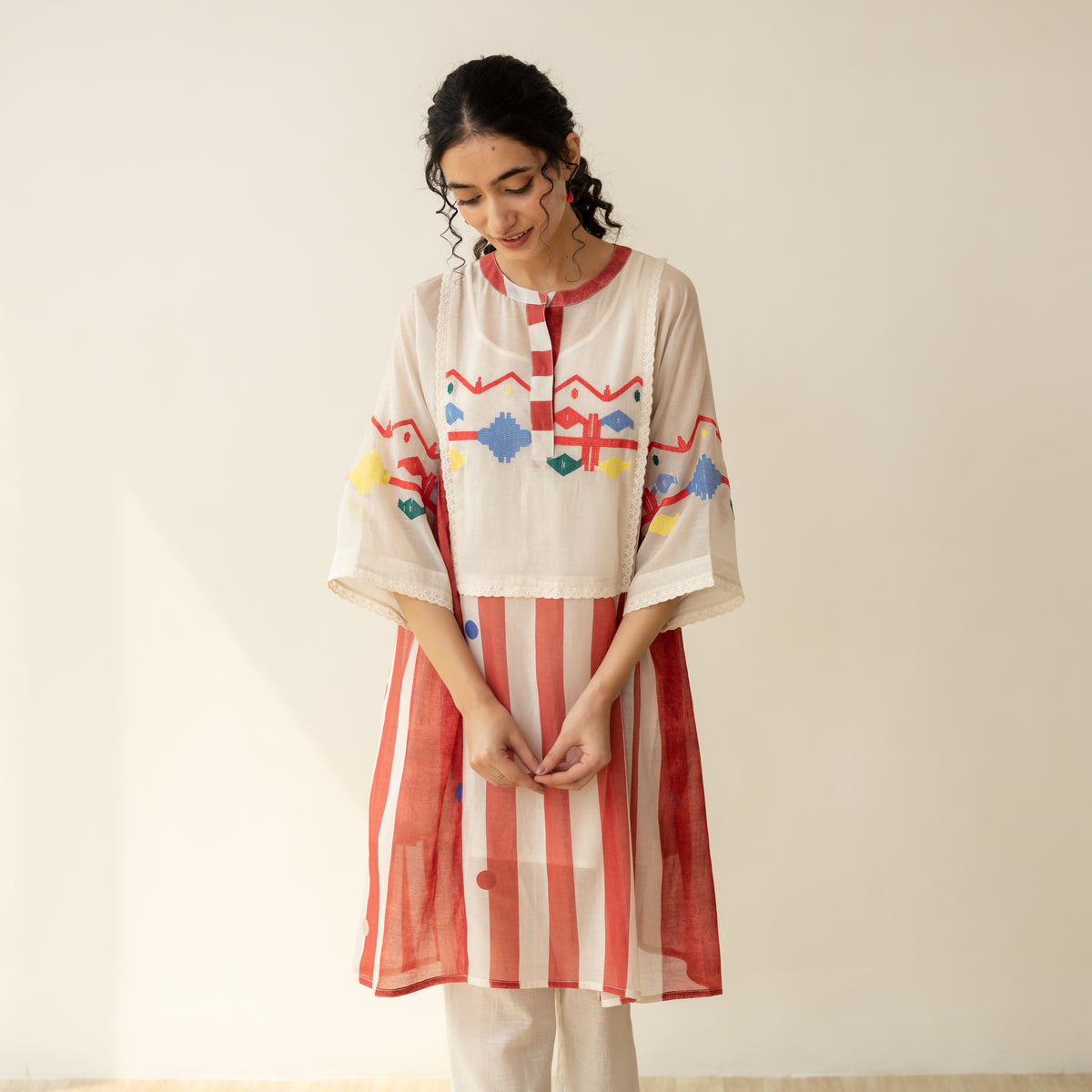 Rumi Embroidered Chanderi Coord Set - Tomato Red