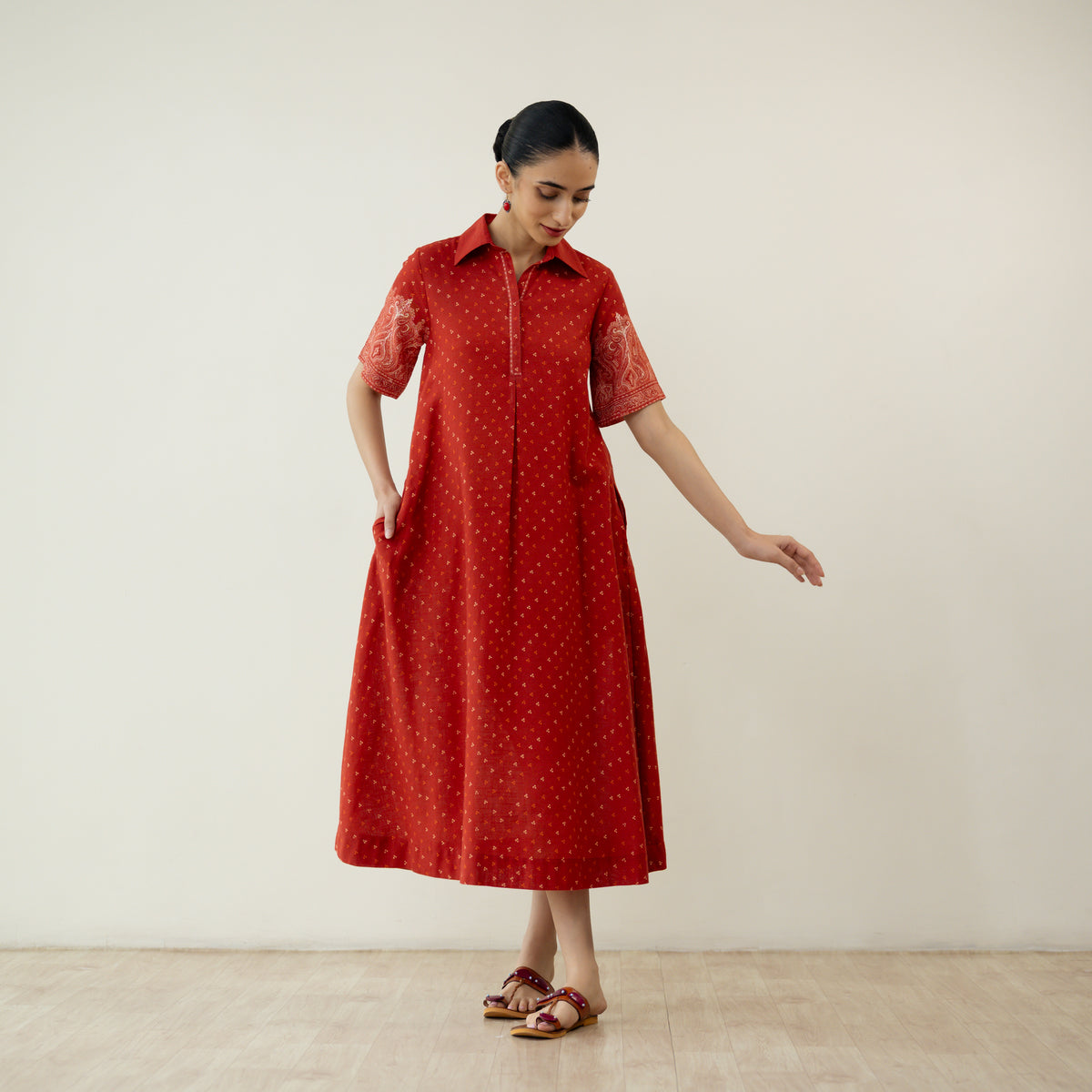 Nazo Midi Cotton Slub Dress - Tomato Red