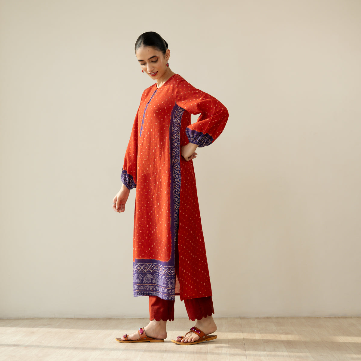 Tikhi Imli Slub Cotton Slub Cotton Kurta - Cherry Red & Violet