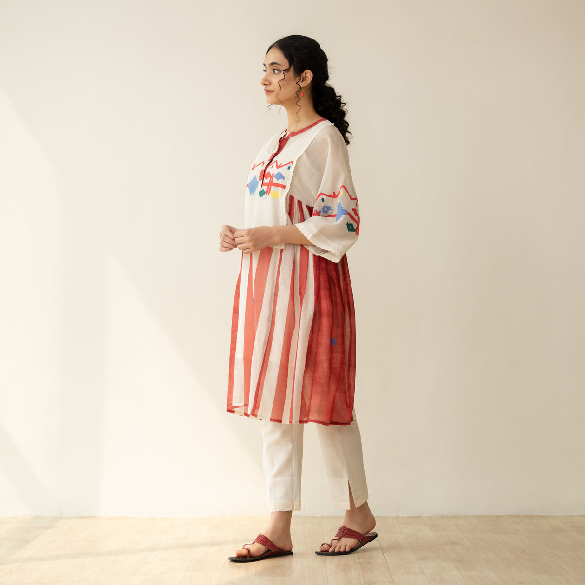 Rumi Embroidered Chanderi Coord Set - Tomato Red