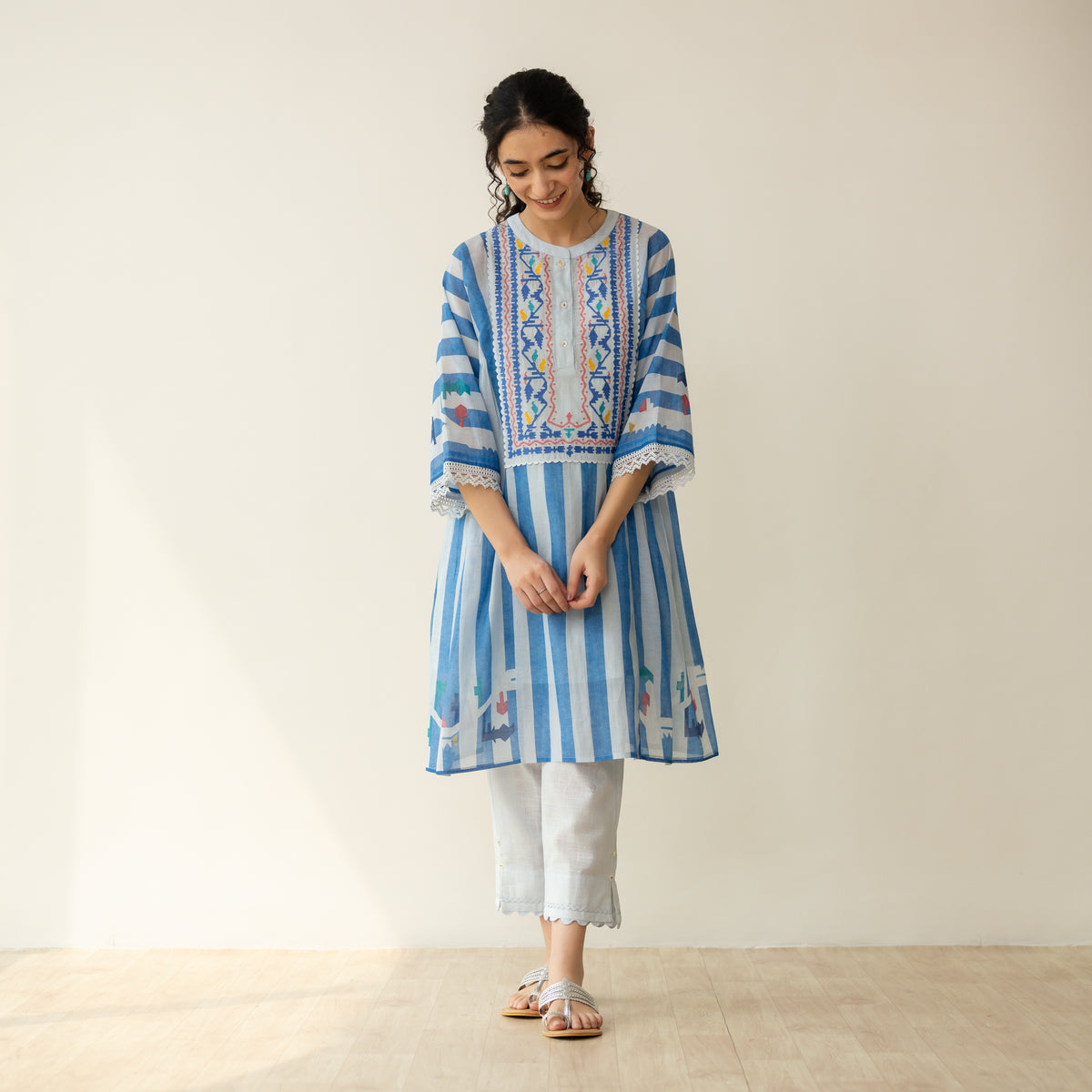 Pretty Flare Chanderi Embroidered Coord Set - Asmani Blue