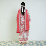 Peach Red Sanganeri Printed Cotton Kurta Set with Contrast Mul Cotton Dupatta