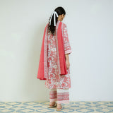 Peach Red Sanganeri Printed Cotton Kurta Set with Contrast Mul Cotton Dupatta