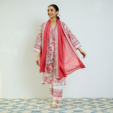 Peach Red Sanganeri Printed Cotton Kurta Set with Contrast Mul Cotton Dupatta