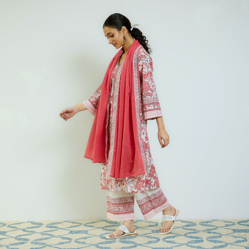 Peach Red Sanganeri Printed Cotton Kurta Set with Contrast Mul Cotton Dupatta