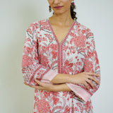 Peach Red Sanganeri Printed Cotton Kurta Set with Contrast Mul Cotton Dupatta