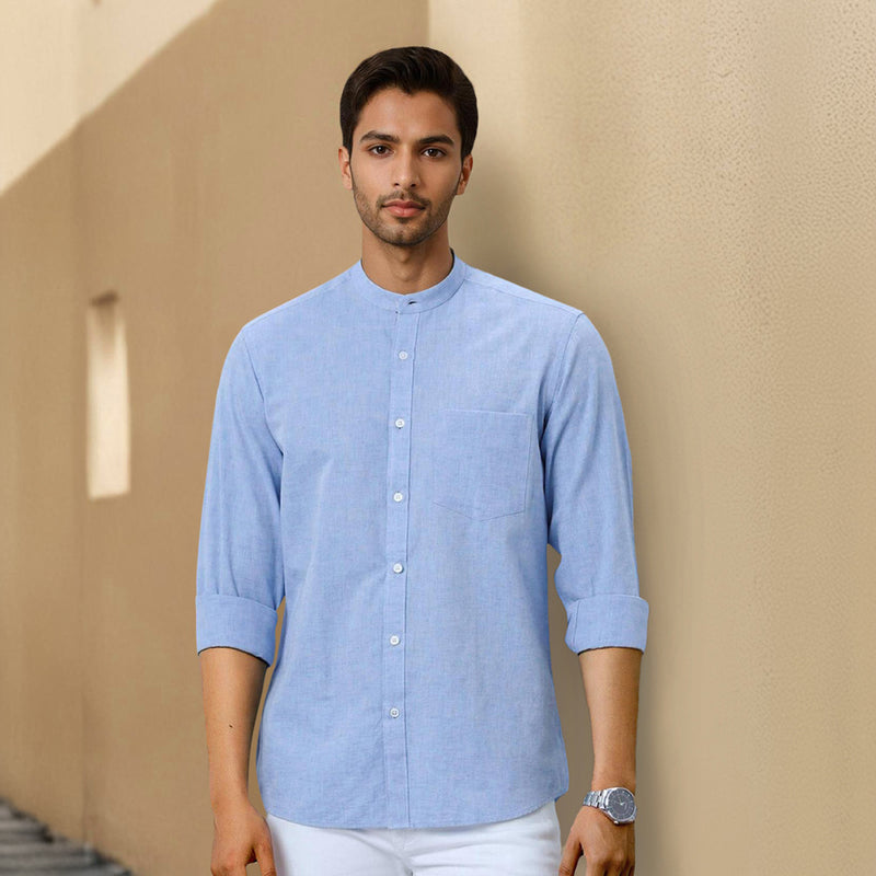 Buy Sky Blue Mandarin Collar Solid Linen Cotton Shirt for Men Rustorange