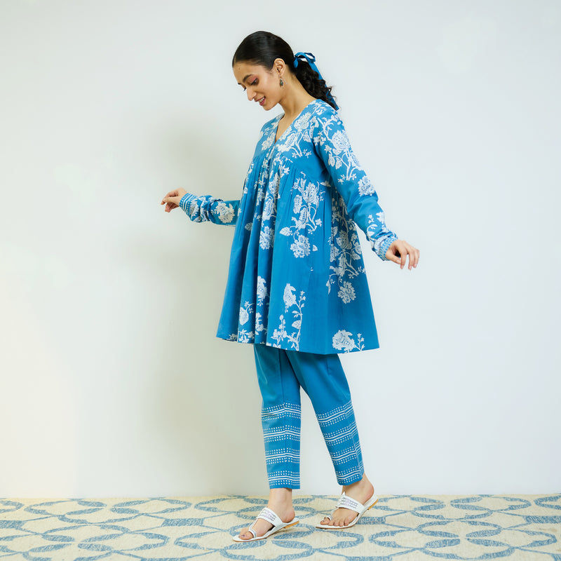 Layla Electric Blue Cotton Co-ord Set with Churidar Sleeve