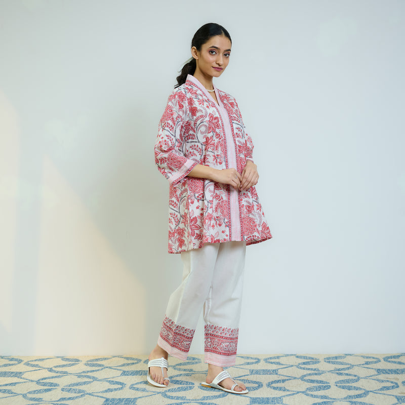 Peach Red Sanganeri Printed Cotton Co-ord Set