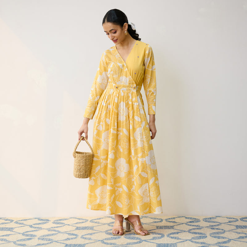 Buy Mango Yellow Ayesha Cotton Overlap Dress with Hand Embroidery Detail | Rustorange Buy Mango Yellow Ayesha Cotton Overlap Dress with Hand Embroidery Detail | Rustorange