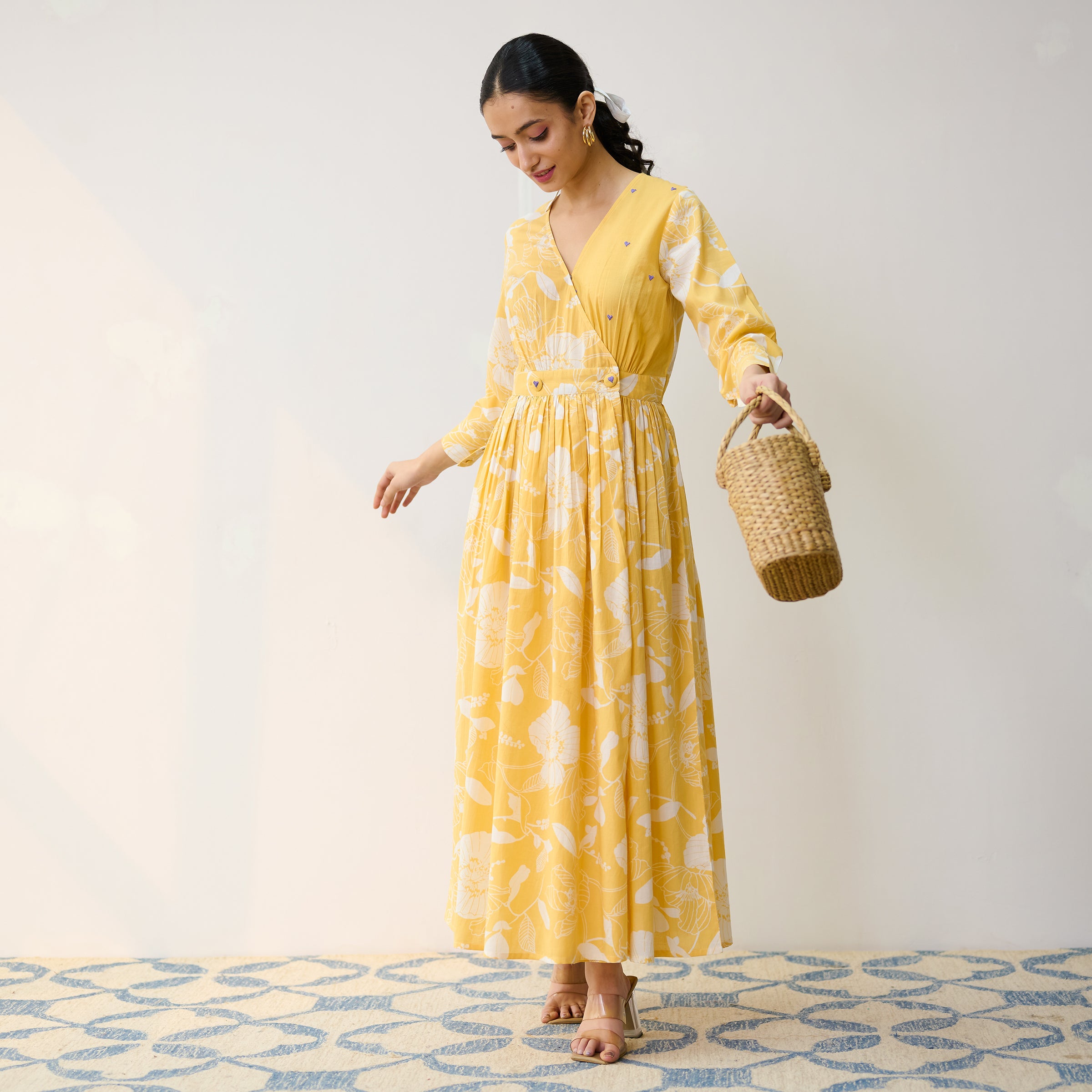 Buy Mango Yellow Ayesha Cotton Overlap Dress with Hand Embroidery Detail