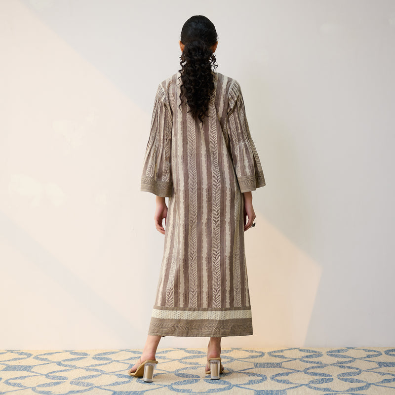 Dabu Inspired Grey Cotton A-line Dress with Pintuck Detail