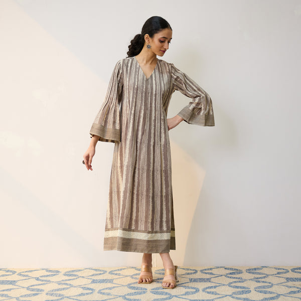 Dabu Inspired Grey Cotton A-line Dress with Pintuck Detail