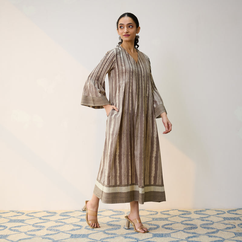 Dabu Inspired Grey Cotton A-line Dress with Pintuck Detail