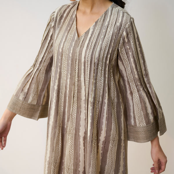 Dabu Inspired Grey Cotton A-line Dress with Pintuck Detail