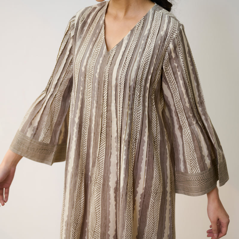 Dabu Inspired Grey Cotton A-line Dress with Pintuck Detail