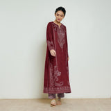 Nura Hand Embroidered Woollen Long Kurta - Maroon