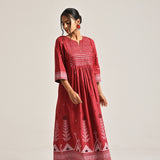 Maroon Linen Cotton Jamdani Printed Kurta with Embroidery
