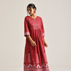 Maroon Linen Cotton Jamdani Printed Kurta with Embroidery