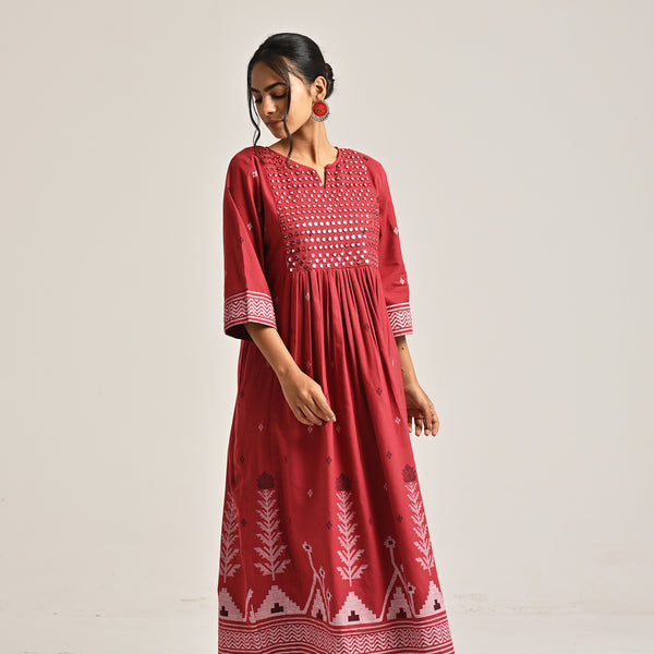 Maroon Linen Cotton Jamdani Printed Kurta with Embroidery