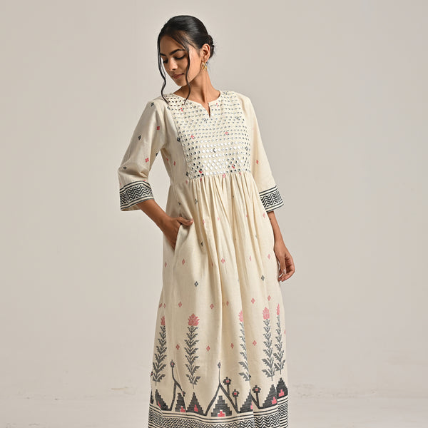 Off White Linen Cotton Jamdani Printed Kurta with Embroidery